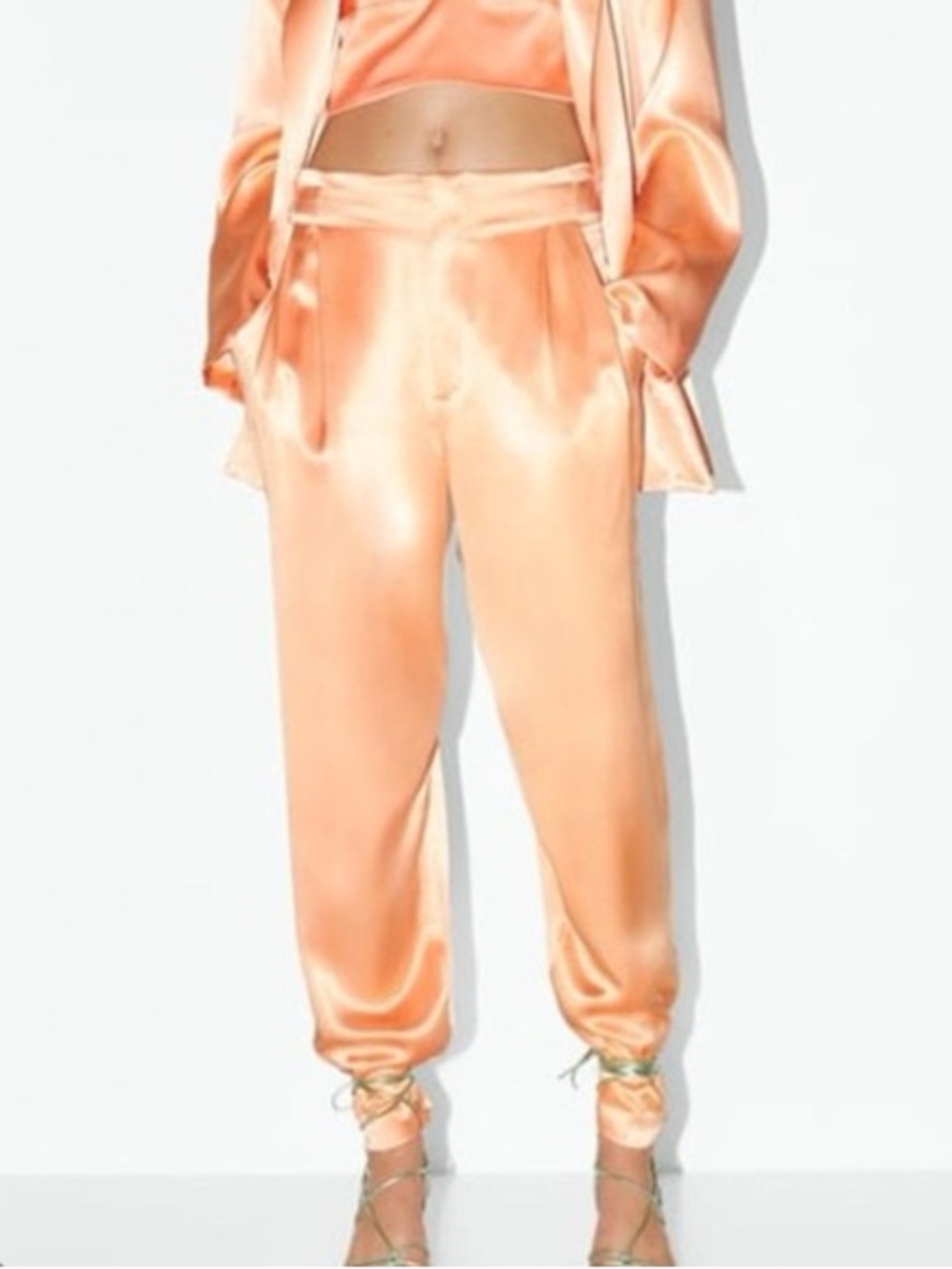 Zara Satin Tapered Pants in Peach